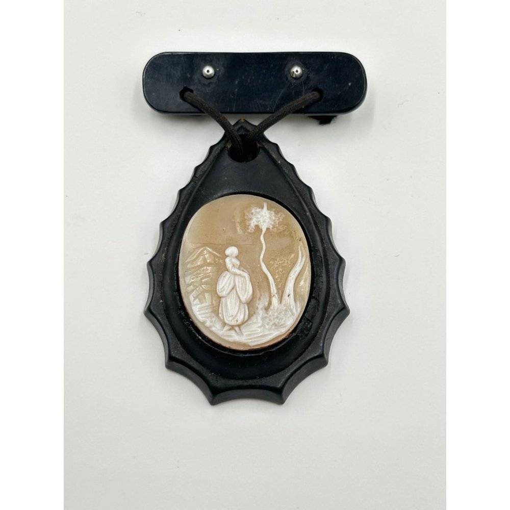 Antique Mourning Brooch Pin Dangle Genuine Carved Shell Cameo Black Drop Shaped - Picture 8 of 9